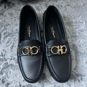 Salvatore Ferragamo Black Leather Loafers with Gold Accent